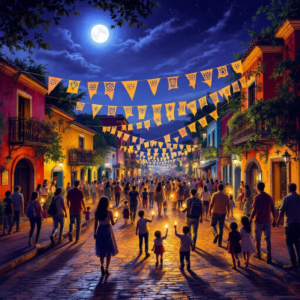 Las Posadas. People walking with candles celebrating a Posada